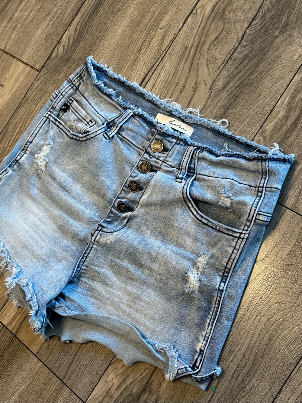 KanCan High Rise Button Fly Distressed Denim Shorts Raw Hem Size L - Picture 2 of 10